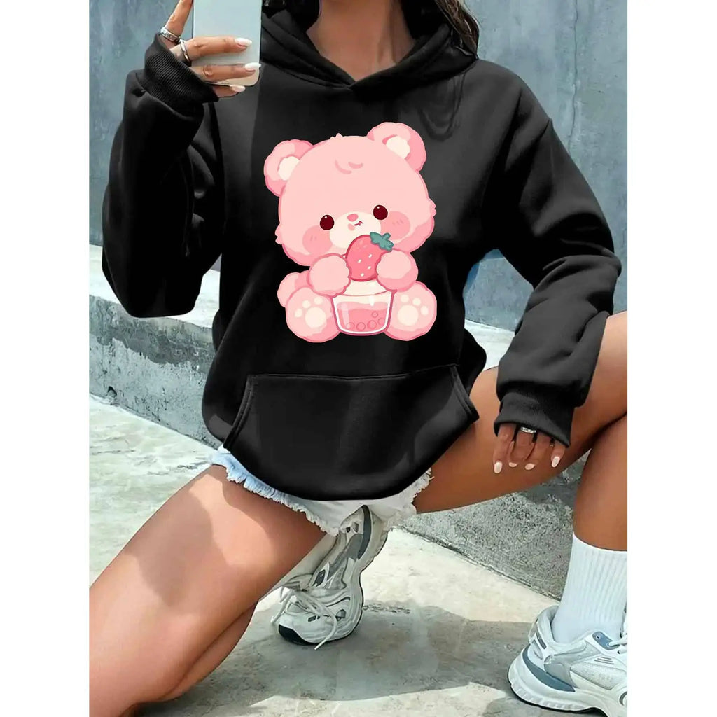 Personalized Custom Women's Casual Knitted Spring Printed Sports Shirt with Bear and Strawberry Design Eco-Friendly
