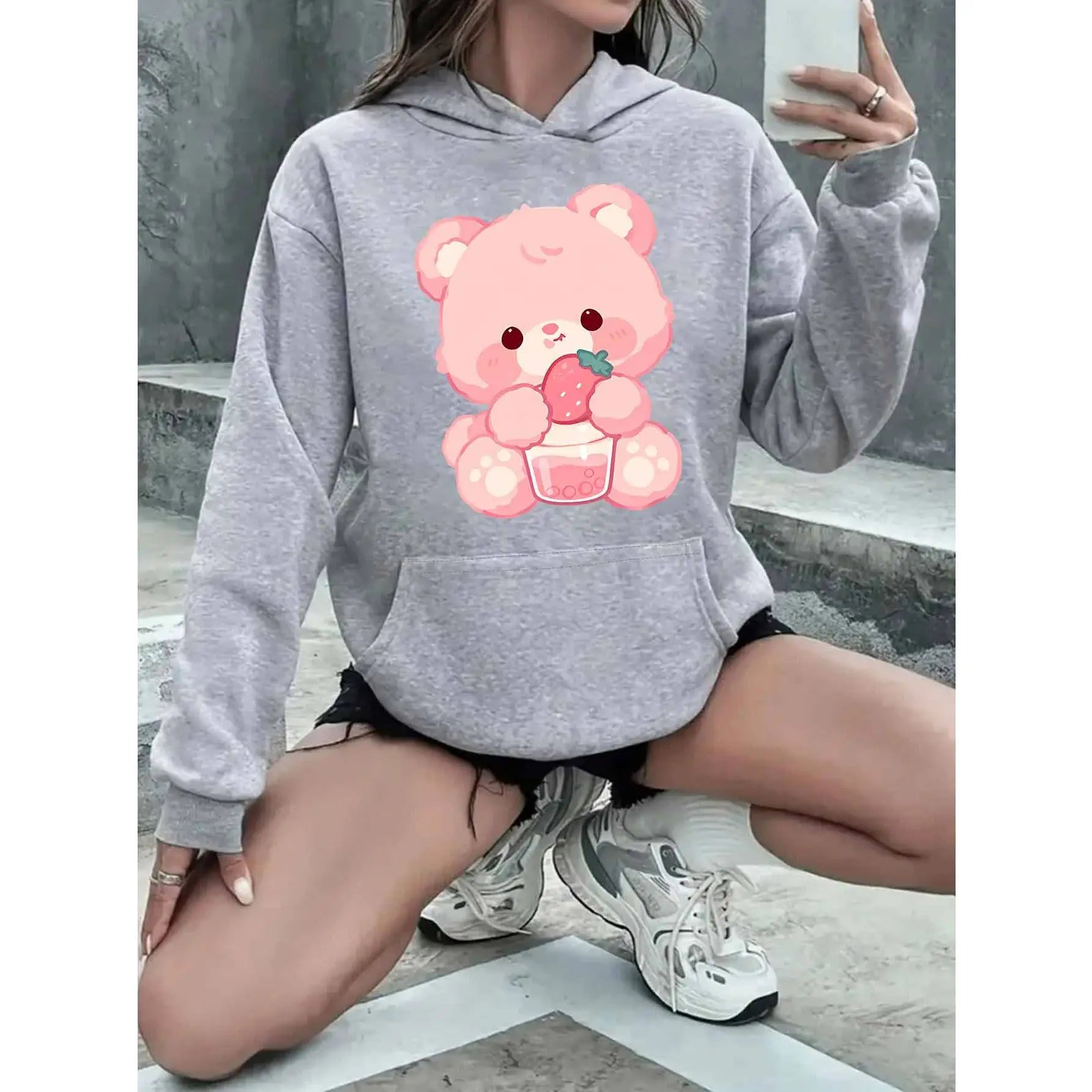 Personalized Custom Women's Casual Knitted Spring Printed Sports Shirt with Bear and Strawberry Design Eco-Friendly