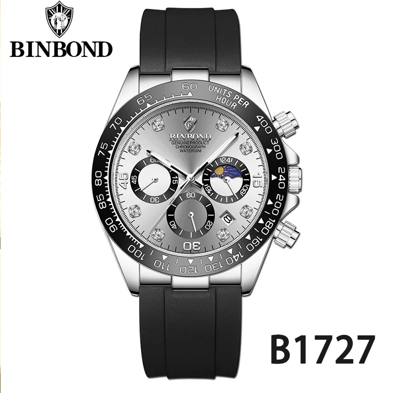 BINBONG Quartz Watch for Men Silicone Strap Moon Phase Date Chronograph Dial Waterproof Sports Fashion Business Men's Wristwatch