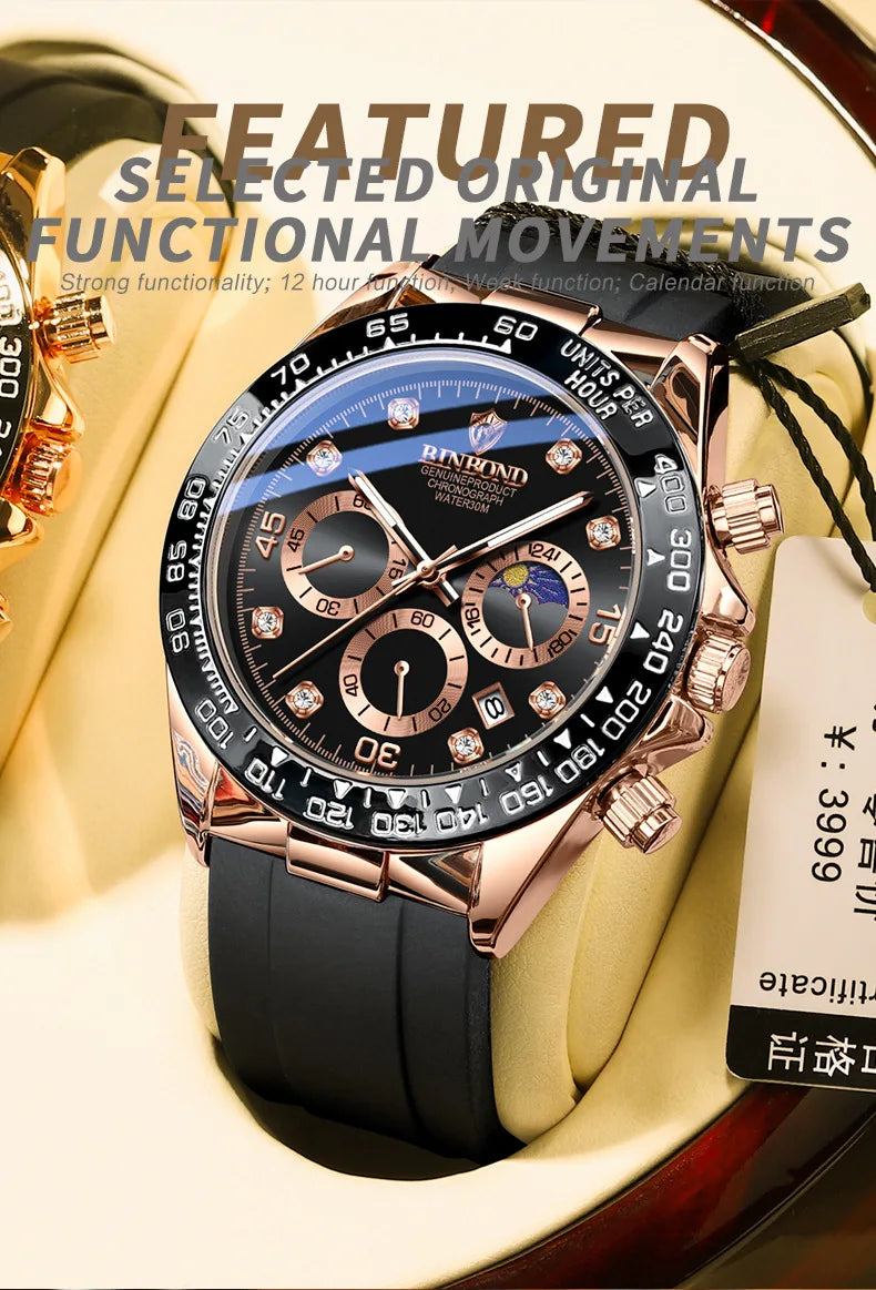 BINBONG Quartz Watch for Men Silicone Strap Moon Phase Date Chronograph Dial Waterproof Sports Fashion Business Men's Wristwatch