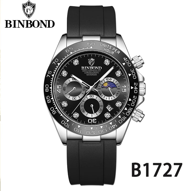 BINBONG Quartz Watch for Men Silicone Strap Moon Phase Date Chronograph Dial Waterproof Sports Fashion Business Men's Wristwatch