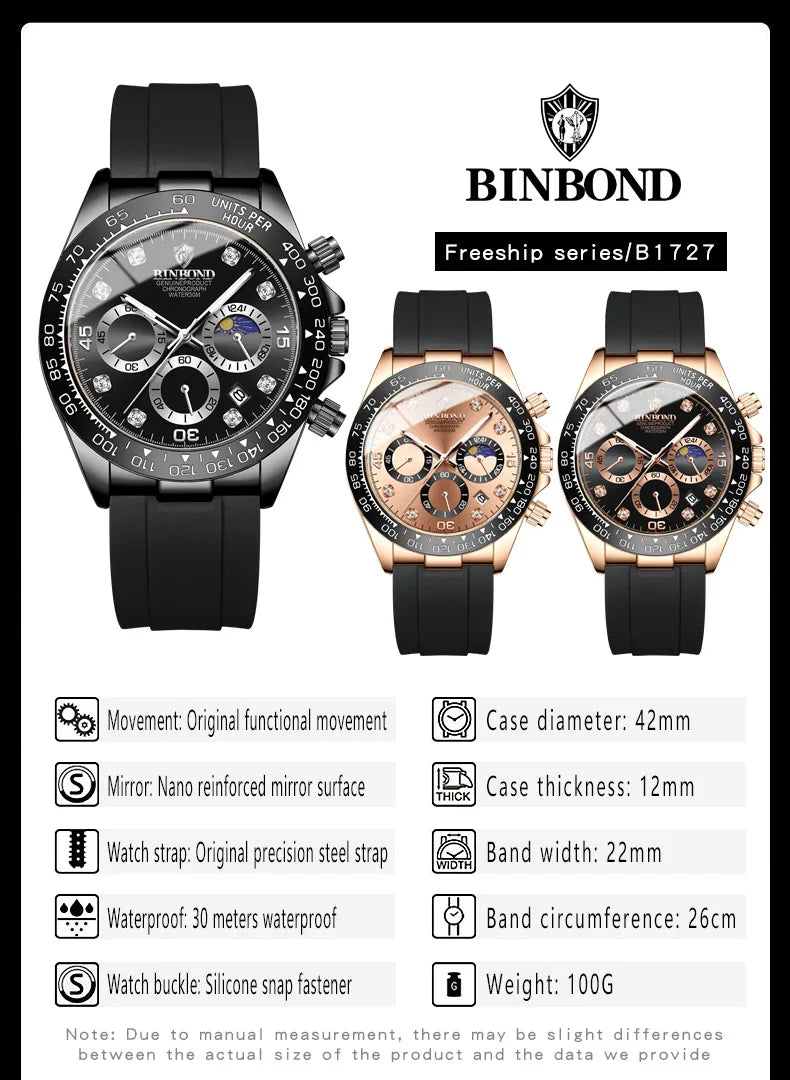 BINBONG Quartz Watch for Men Silicone Strap Moon Phase Date Chronograph Dial Waterproof Sports Fashion Business Men's Wristwatch