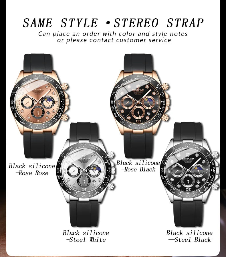 BINBONG Quartz Watch for Men Silicone Strap Moon Phase Date Chronograph Dial Waterproof Sports Fashion Business Men's Wristwatch