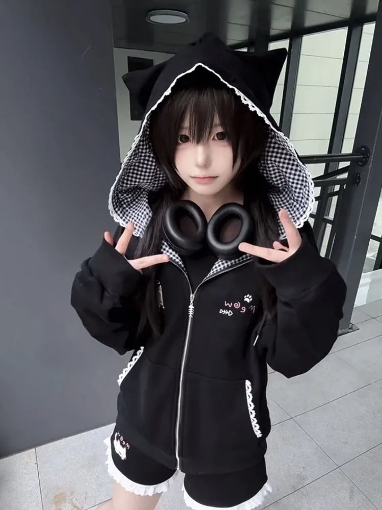 Cat Ears Hooded Sweatshirts Jackets Women's Clothing Long Sleeve Zipper Cartoon Jacket Casual Fashion Korean Y2k Hoodies Coats