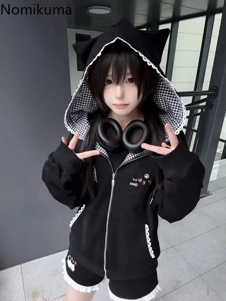 Cat Ears Hooded Sweatshirts Jackets Women's Clothing Long Sleeve Zipper Cartoon Jacket Casual Fashion Korean Y2k Hoodies Coats