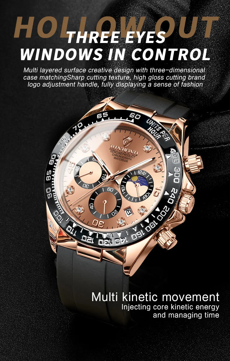 BINBONG Quartz Watch for Men Silicone Strap Moon Phase Date Chronograph Dial Waterproof Sports Fashion Business Men's Wristwatch