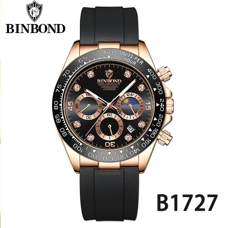BINBONG Quartz Watch for Men Silicone Strap Moon Phase Date Chronograph Dial Waterproof Sports Fashion Business Men's Wristwatch