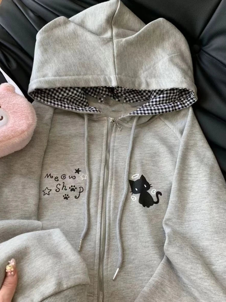 Cat Ears Hooded Sweatshirts Jackets Women's Clothing Long Sleeve Zipper Cartoon Jacket Casual Fashion Korean Y2k Hoodies Coats