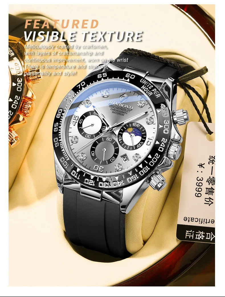 BINBONG Quartz Watch for Men Silicone Strap Moon Phase Date Chronograph Dial Waterproof Sports Fashion Business Men's Wristwatch