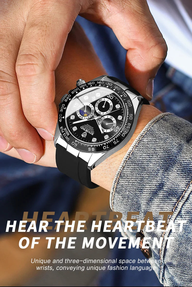 BINBONG Quartz Watch for Men Silicone Strap Moon Phase Date Chronograph Dial Waterproof Sports Fashion Business Men's Wristwatch