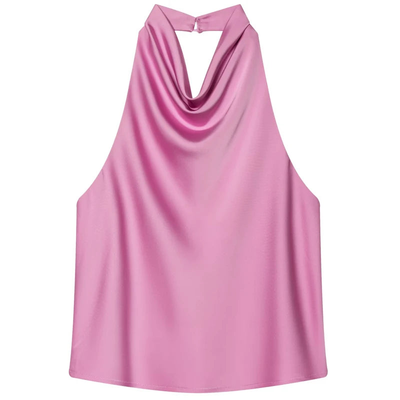 HXAO 2025 Women Satin Halter Top Summer Black Yellow Tanks & Camis Off Shoulder Crop Tank Top Fashion Sleeveless Backless Vests