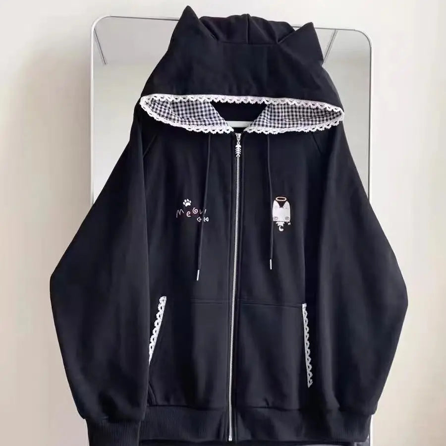 Cat Ears Hooded Sweatshirts Jackets Women's Clothing Long Sleeve Zipper Cartoon Jacket Casual Fashion Korean Y2k Hoodies Coats