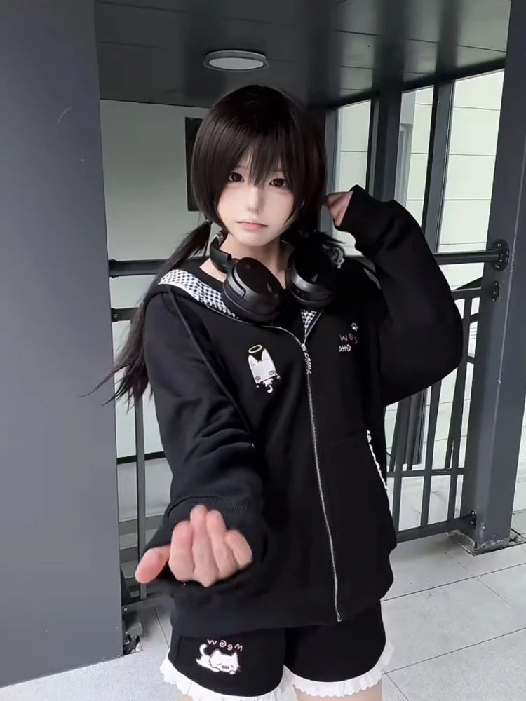 Cat Ears Hooded Sweatshirts Jackets Women's Clothing Long Sleeve Zipper Cartoon Jacket Casual Fashion Korean Y2k Hoodies Coats