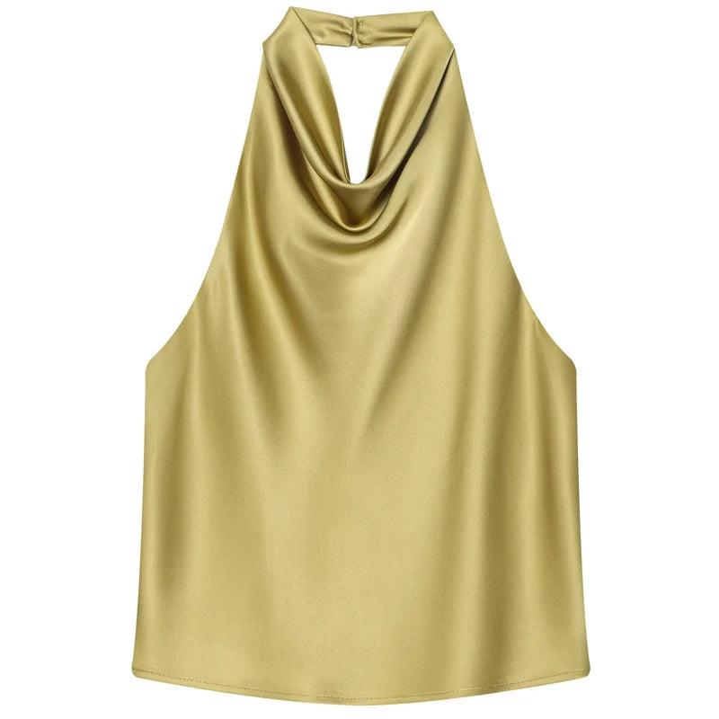 HXAO 2025 Women Satin Halter Top Summer Black Yellow Tanks & Camis Off Shoulder Crop Tank Top Fashion Sleeveless Backless Vests