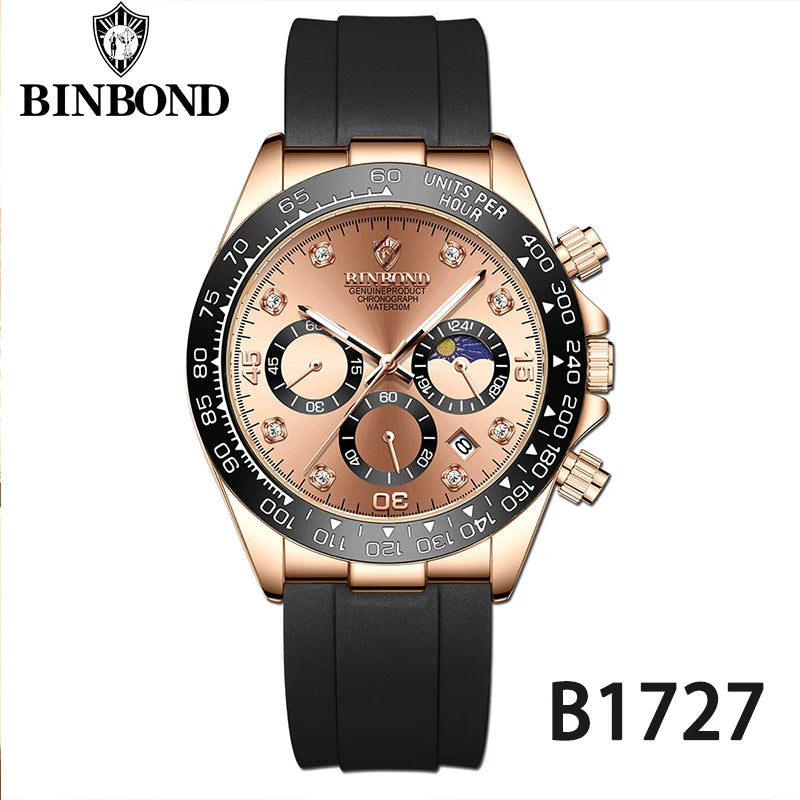 BINBONG Quartz Watch for Men Silicone Strap Moon Phase Date Chronograph Dial Waterproof Sports Fashion Business Men's Wristwatch