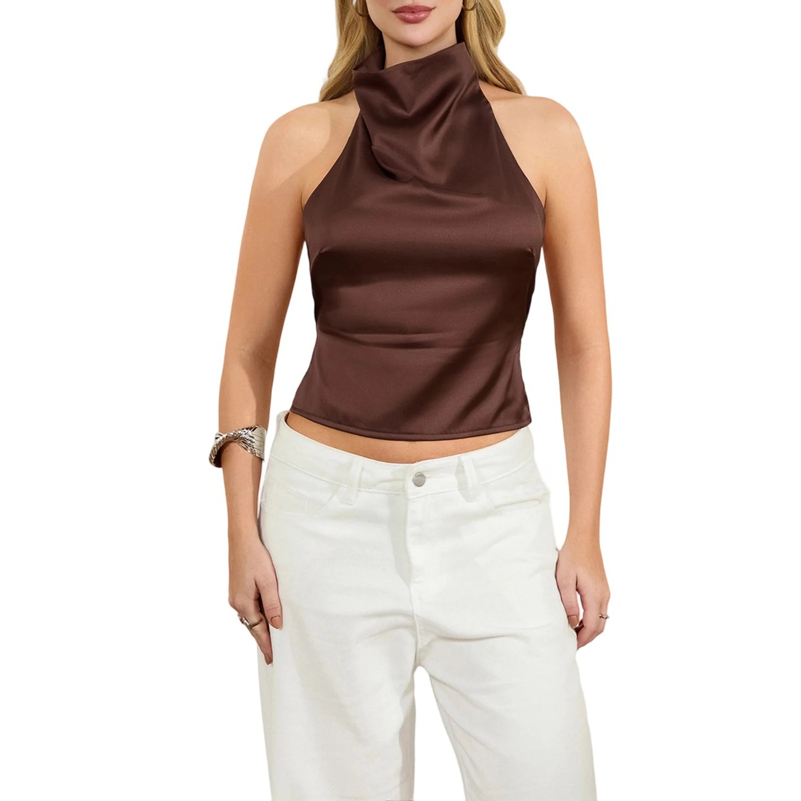 Open Back Halter Tops for Women Vintage Aesthetic Bow Tie Back Ruched Ruffle Crop Tops Smocked Y2K Going Out Tanks Camisoles