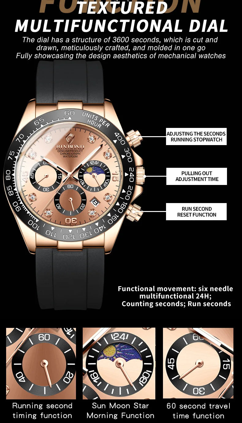 BINBONG Quartz Watch for Men Silicone Strap Moon Phase Date Chronograph Dial Waterproof Sports Fashion Business Men's Wristwatch