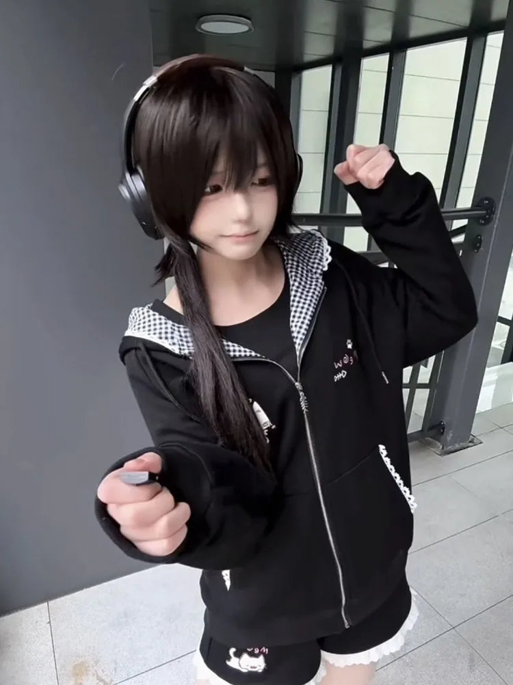 Cat Ears Hooded Sweatshirts Jackets Women's Clothing Long Sleeve Zipper Cartoon Jacket Casual Fashion Korean Y2k Hoodies Coats
