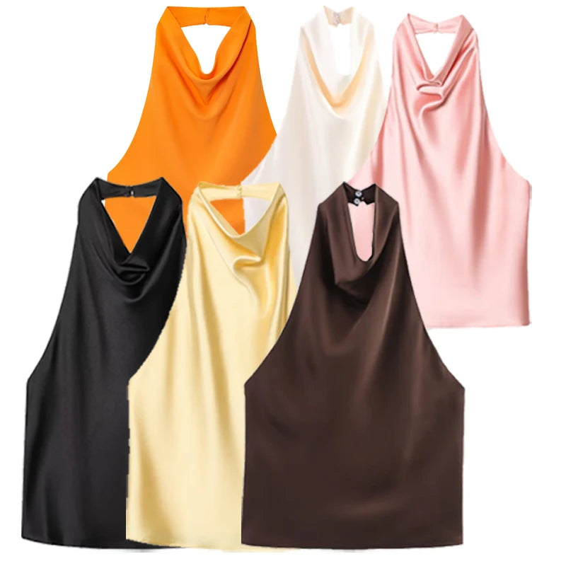 HXAO 2025 Women Satin Halter Top Summer Black Yellow Tanks & Camis Off Shoulder Crop Tank Top Fashion Sleeveless Backless Vests