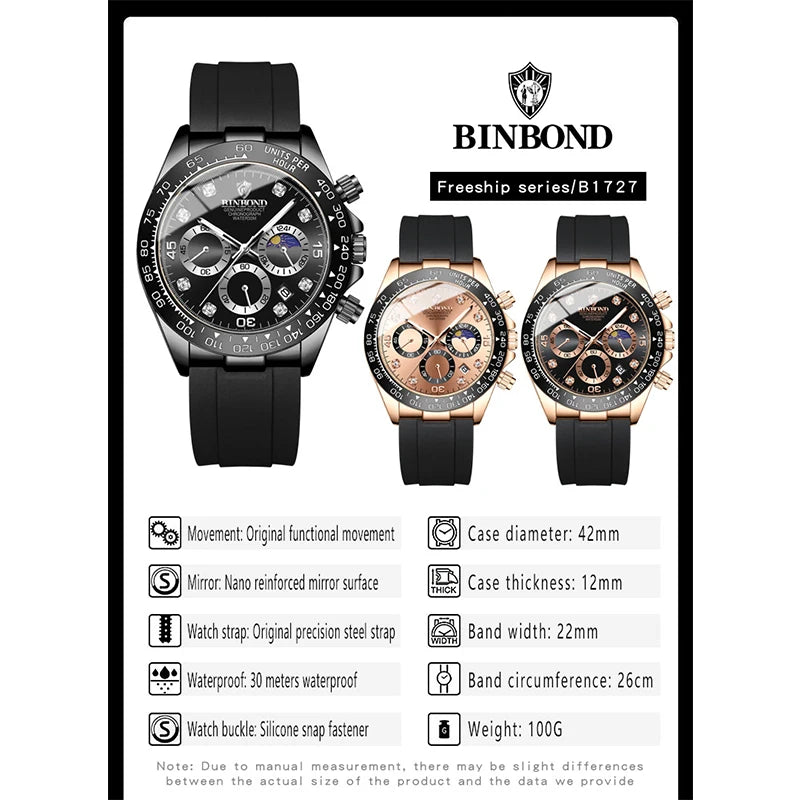 BINBONG Quartz Watch for Men Silicone Strap Moon Phase Date Chronograph Dial Waterproof Sports Fashion Business Men's Wristwatch
