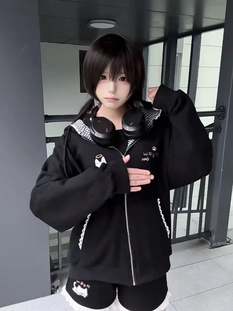 Cat Ears Hooded Sweatshirts Jackets Women's Clothing Long Sleeve Zipper Cartoon Jacket Casual Fashion Korean Y2k Hoodies Coats