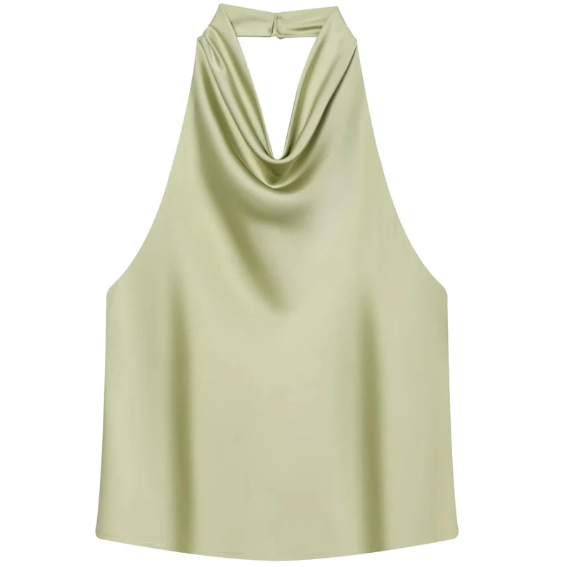 HXAO 2025 Women Satin Halter Top Summer Black Yellow Tanks & Camis Off Shoulder Crop Tank Top Fashion Sleeveless Backless Vests