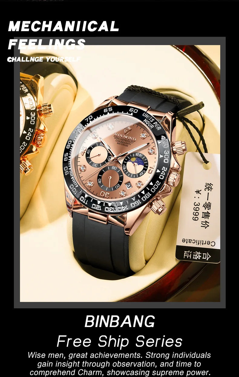 BINBONG Quartz Watch for Men Silicone Strap Moon Phase Date Chronograph Dial Waterproof Sports Fashion Business Men's Wristwatch