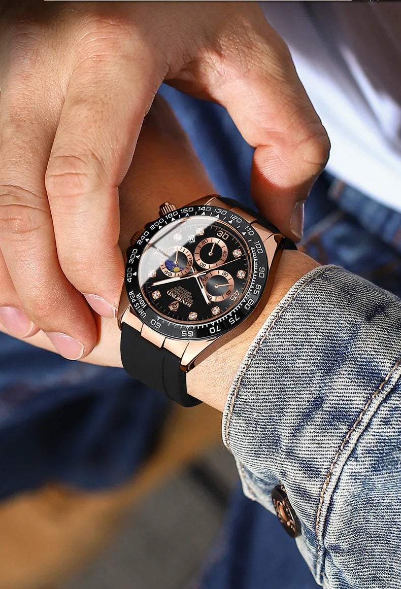 BINBONG Quartz Watch for Men Silicone Strap Moon Phase Date Chronograph Dial Waterproof Sports Fashion Business Men's Wristwatch
