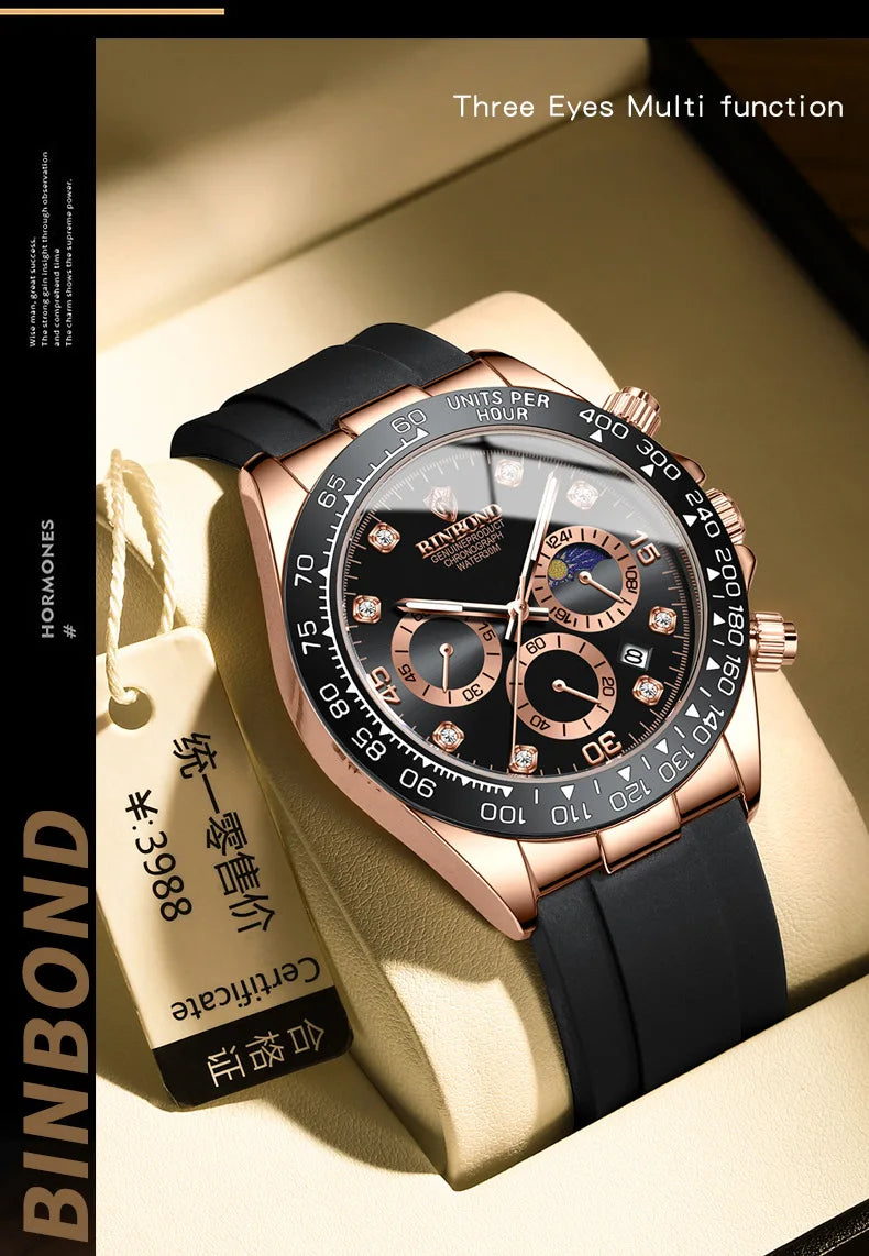 BINBONG Quartz Watch for Men Silicone Strap Moon Phase Date Chronograph Dial Waterproof Sports Fashion Business Men's Wristwatch