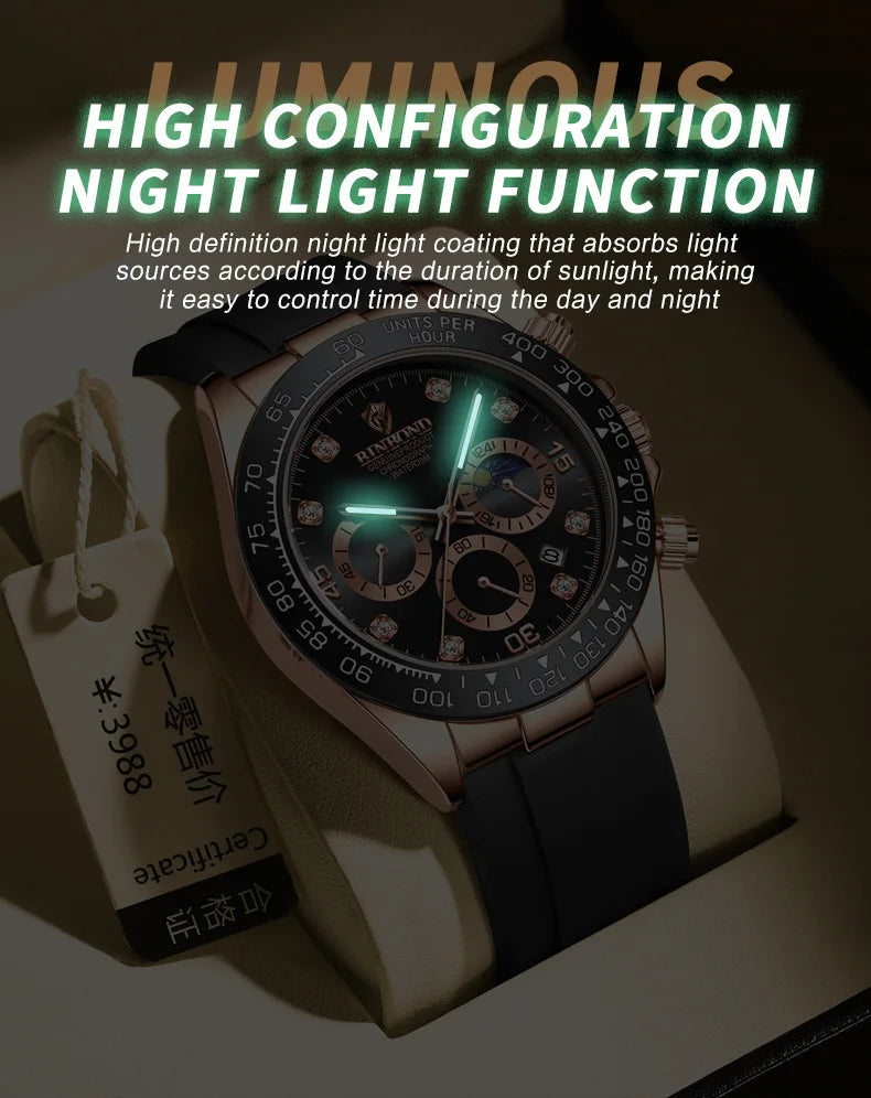 BINBONG Quartz Watch for Men Silicone Strap Moon Phase Date Chronograph Dial Waterproof Sports Fashion Business Men's Wristwatch