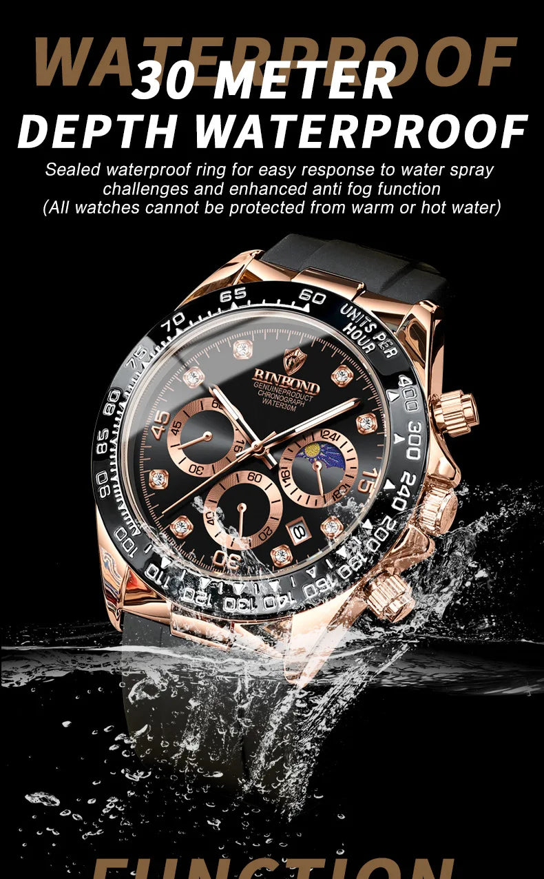 BINBONG Quartz Watch for Men Silicone Strap Moon Phase Date Chronograph Dial Waterproof Sports Fashion Business Men's Wristwatch