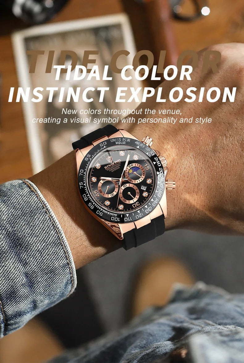 BINBONG Quartz Watch for Men Silicone Strap Moon Phase Date Chronograph Dial Waterproof Sports Fashion Business Men's Wristwatch