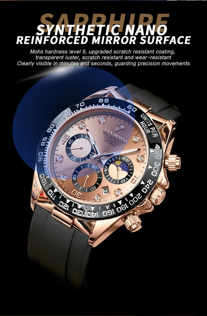 BINBONG Quartz Watch for Men Silicone Strap Moon Phase Date Chronograph Dial Waterproof Sports Fashion Business Men's Wristwatch