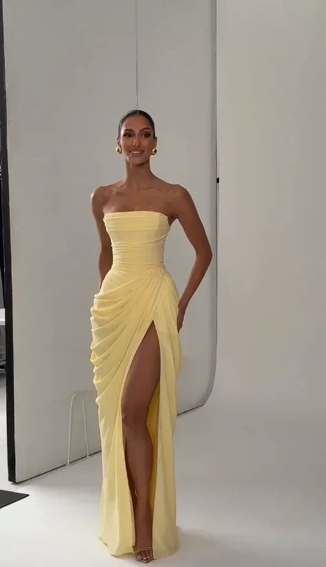 Yellow Strapless Pleated Dress Women Elegant Sexy Sleeveless Waist Cinching Split Maxi Gowns 2026 Lady New Evening Party Dresses