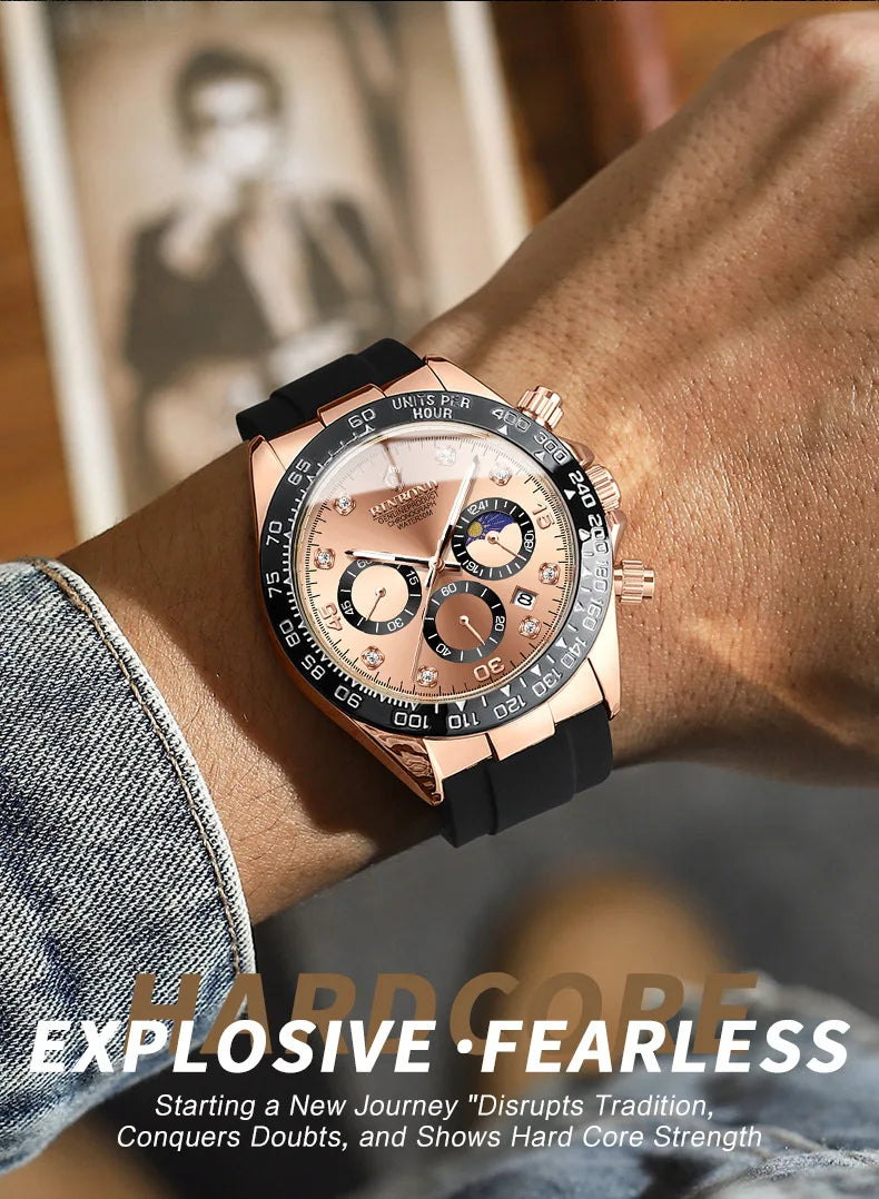 BINBONG Quartz Watch for Men Silicone Strap Moon Phase Date Chronograph Dial Waterproof Sports Fashion Business Men's Wristwatch