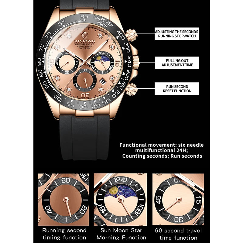BINBONG Quartz Watch for Men Silicone Strap Moon Phase Date Chronograph Dial Waterproof Sports Fashion Business Men's Wristwatch