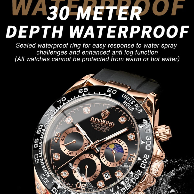 BINBONG Quartz Watch for Men Silicone Strap Moon Phase Date Chronograph Dial Waterproof Sports Fashion Business Men's Wristwatch