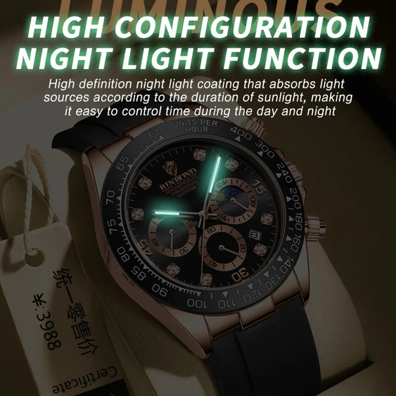 BINBONG Quartz Watch for Men Silicone Strap Moon Phase Date Chronograph Dial Waterproof Sports Fashion Business Men's Wristwatch