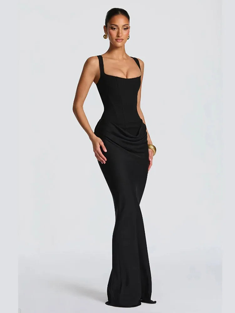 Yellow Strapless Pleated Dress Women Elegant Sexy Sleeveless Waist Cinching Split Maxi Gowns 2026 Lady New Evening Party Dresses